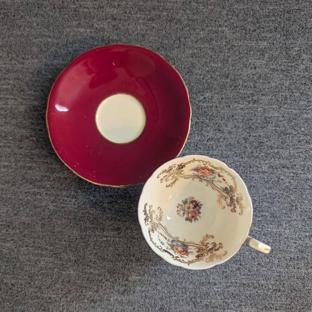 Aynsley Red/Magenta Tea Cup and Saucer with Floral Pattern and Gold Vines - Picture 2 of 5